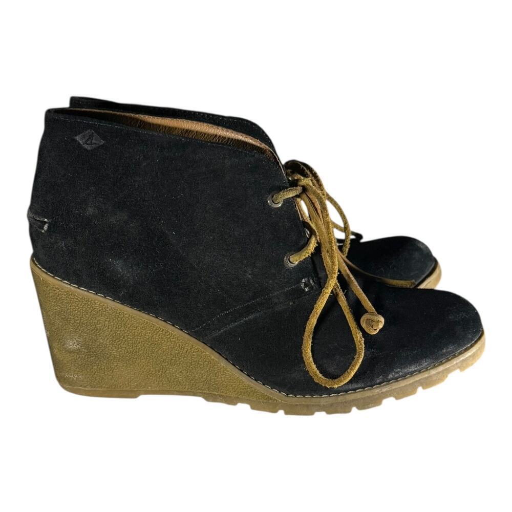 Sperry Stella Prow Black Suede Ankle Bootie, Women 9 M Wedge Heel Leather
